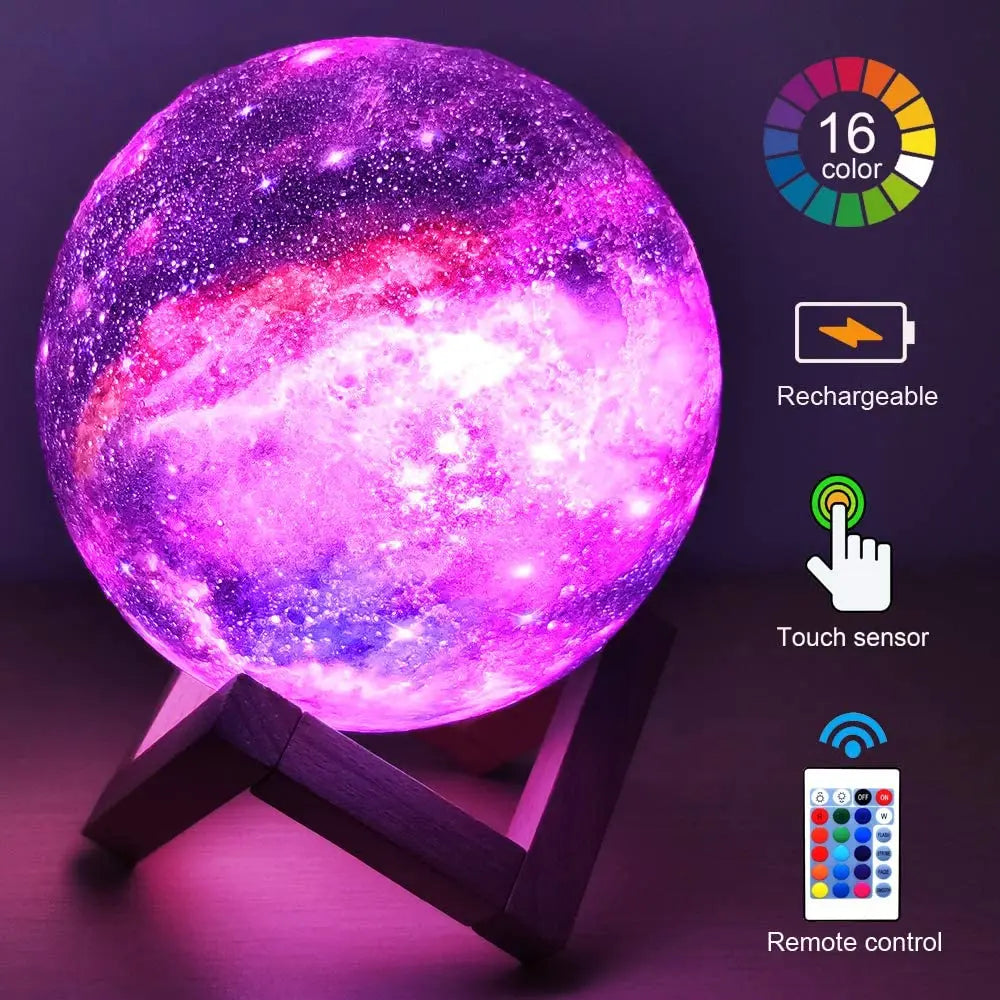 Veilleuse Lune 3D Galaxie – Lampe LED 16 Couleurs, Tactile & Télécommande