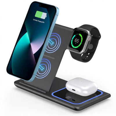 Station de charge sans fil 3-en-1 pliable 30W – Téléphone, Montre & Écouteurs